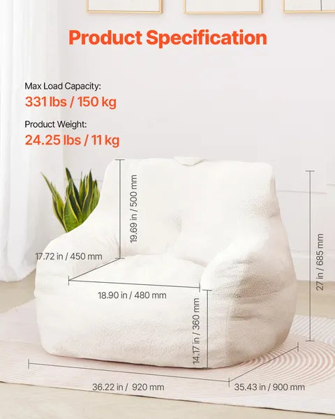 3ft Bean Bag Chair, White Teddy Velvet with Armrest & Storage Pocket, 25D Memory Foam Lazy Sofa for Bedroom Game Room