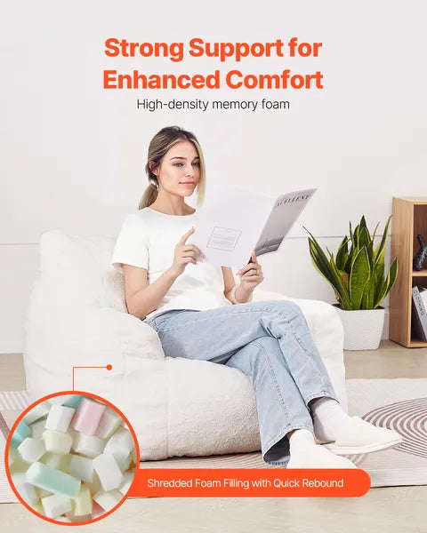 3ft Bean Bag Chair, White Teddy Velvet with Armrest & Storage Pocket, 25D Memory Foam Lazy Sofa for Bedroom Game Room