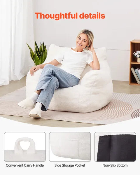 3ft Bean Bag Chair, White Teddy Velvet with Armrest & Storage Pocket, 25D Memory Foam Lazy Sofa for Bedroom Game Room