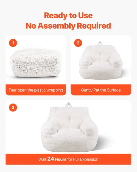 3ft Bean Bag Chair, White Teddy Velvet with Armrest & Storage Pocket, 25D Memory Foam Lazy Sofa for Bedroom Game Room