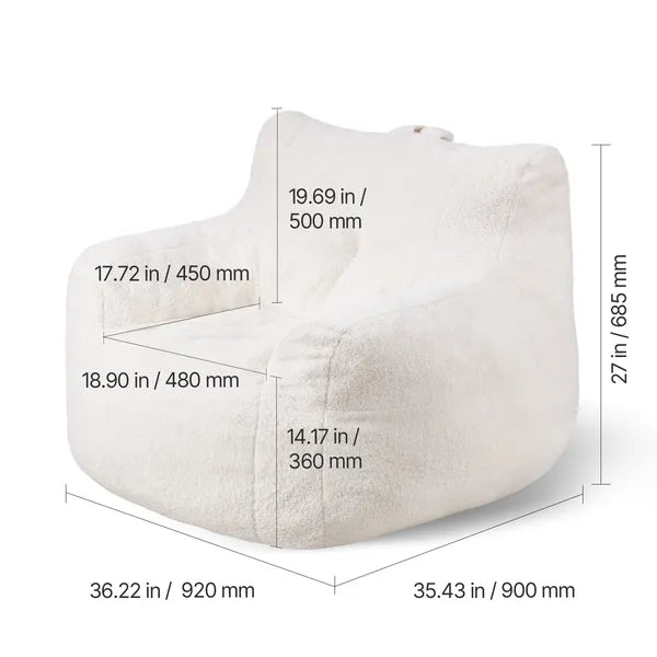3ft Bean Bag Chair, White Teddy Velvet with Armrest & Storage Pocket, 25D Memory Foam Lazy Sofa for Bedroom Game Room