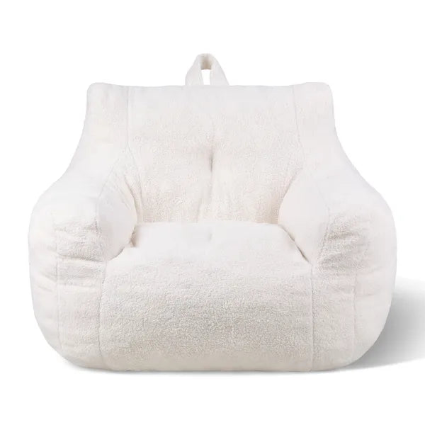 3ft Bean Bag Chair, White Teddy Velvet with Armrest & Storage Pocket, 25D Memory Foam Lazy Sofa for Bedroom Game Room