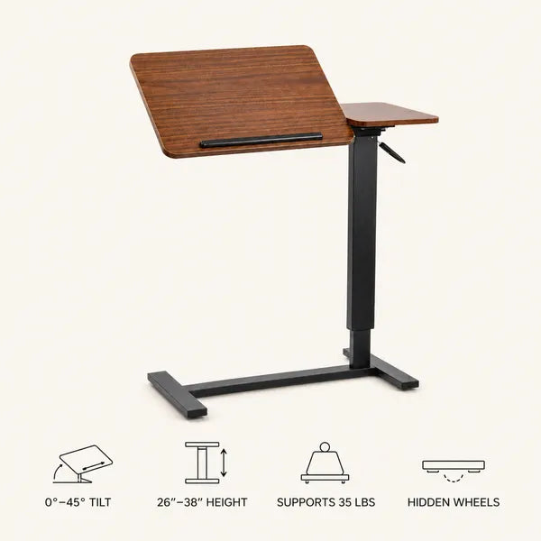 Aeelleea Tilting Mobile Bedside Desk, 0-45° Tilt Laptop Tray Table, Height Adjustable 26-38 Inch Rolling Side Table, Walnut Brown
