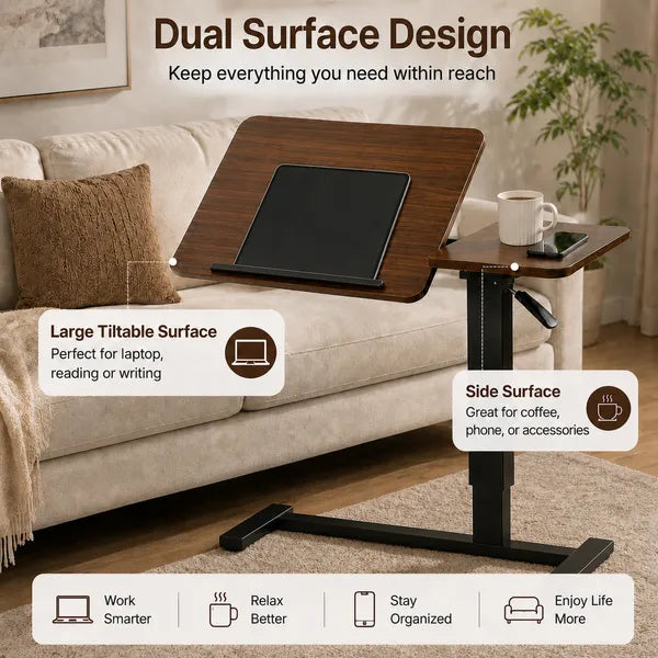 Aeelleea Tilting Mobile Bedside Desk, 0-45° Tilt Laptop Tray Table, Height Adjustable 26-38 Inch Rolling Side Table, Walnut Brown
