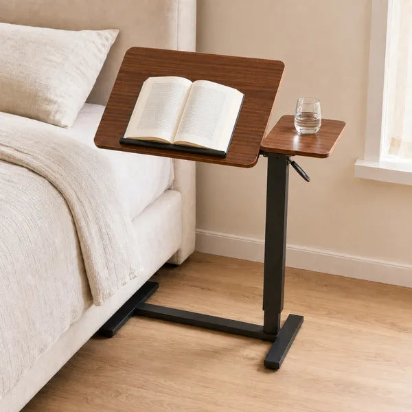 Aeelleea Tilting Mobile Bedside Desk, 0-45° Tilt Laptop Tray Table, Height Adjustable 26-38 Inch Rolling Side Table, Walnut Brown
