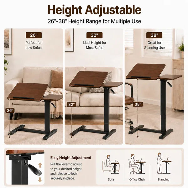 Aeelleea Tilting Mobile Bedside Desk, 0-45° Tilt Laptop Tray Table, Height Adjustable 26-38 Inch Rolling Side Table, Walnut Brown