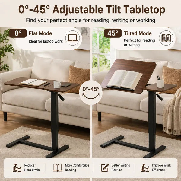 Aeelleea Tilting Mobile Bedside Desk, 0-45° Tilt Laptop Tray Table, Height Adjustable 26-38 Inch Rolling Side Table, Walnut Brown