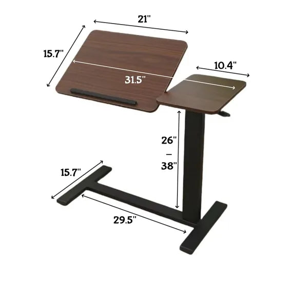Aeelleea Tilting Mobile Bedside Desk, 0-45° Tilt Laptop Tray Table, Height Adjustable 26-38 Inch Rolling Side Table, Walnut Brown