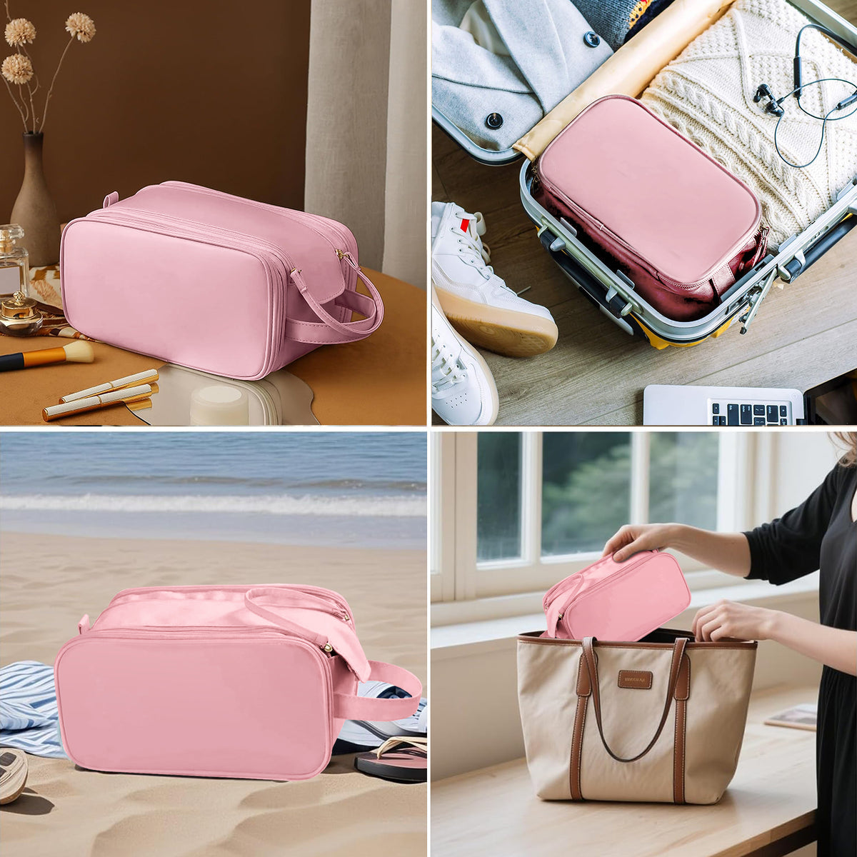 Travel Makeup Bag, Large Capacity PU Cosmetic Organizer, Water Resistant Toiletry Bag with Divided Compartments for Women, Portable Handbag for Travel & Daily Use