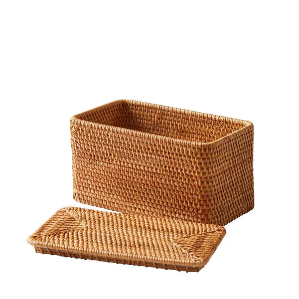 Aeelleea Brown Rattan Organizer Basket with Lid, Approx 15" L × 12" W × 10" H, Rectangular Woven Storage Bin for Home Decor
