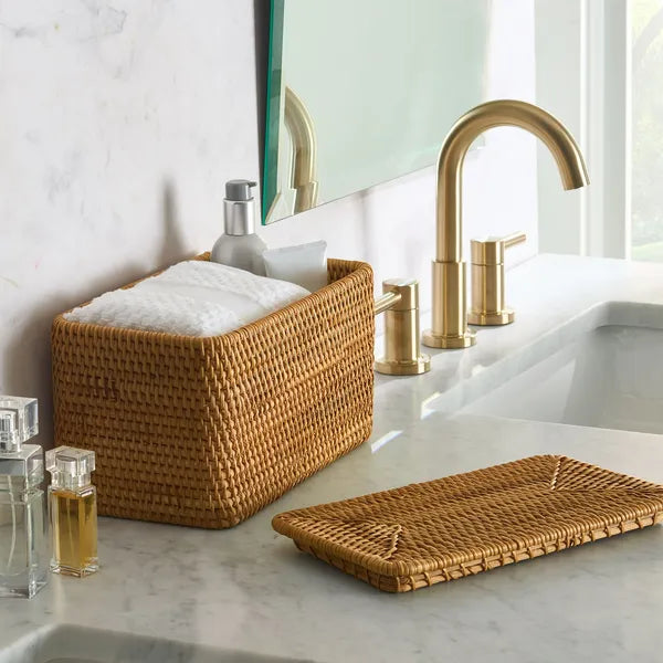 Aeelleea Brown Rattan Organizer Basket with Lid, Approx 15" L × 12" W × 10" H, Rectangular Woven Storage Bin for Home Decor