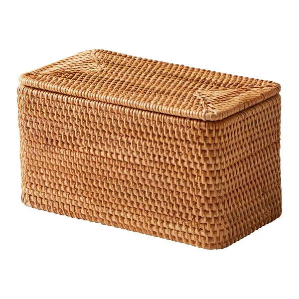 Aeelleea Brown Rattan Organizer Basket with Lid, Approx 15" L × 12" W × 10" H, Rectangular Woven Storage Bin for Home Decor