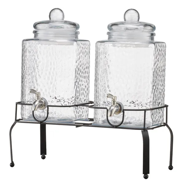 2 Pack 1.5 Gallon Hammered Glass Beverage Dispenser with Black Metal Stand & Stainless Steel Spigot for Party Juice Lemonade Iced Tea`