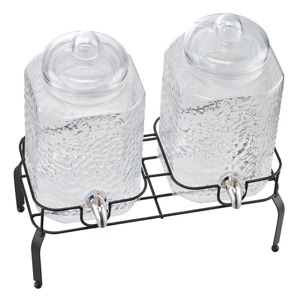 2 Pack 1.5 Gallon Hammered Glass Beverage Dispenser with Black Metal Stand & Stainless Steel Spigot for Party Juice Lemonade Iced Tea`