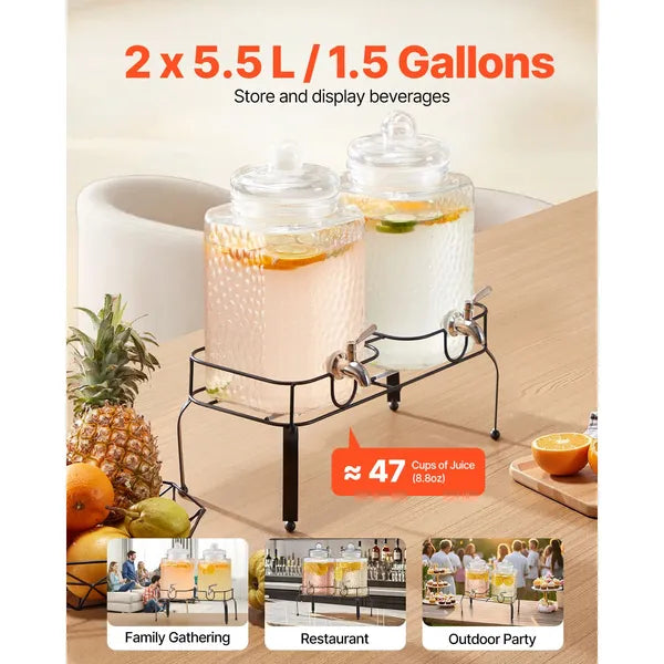 2 Pack 1.5 Gallon Hammered Glass Beverage Dispenser with Black Metal Stand & Stainless Steel Spigot for Party Juice Lemonade Iced Tea`