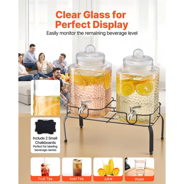 2 Pack 1.5 Gallon Hammered Glass Beverage Dispenser with Black Metal Stand & Stainless Steel Spigot for Party Juice Lemonade Iced Tea`