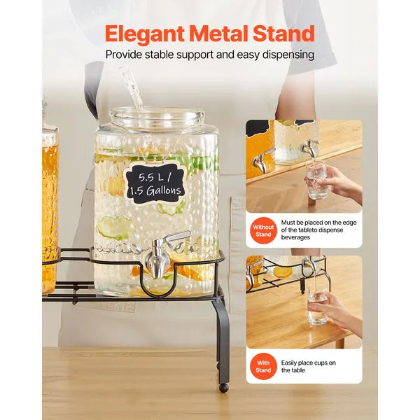 2 Pack 1.5 Gallon Hammered Glass Beverage Dispenser with Black Metal Stand & Stainless Steel Spigot for Party Juice Lemonade Iced Tea`