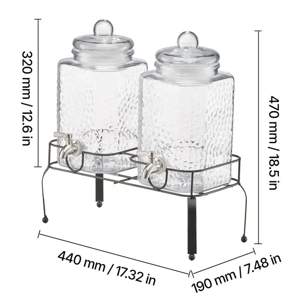 2 Pack 1.5 Gallon Hammered Glass Beverage Dispenser with Black Metal Stand & Stainless Steel Spigot for Party Juice Lemonade Iced Tea`