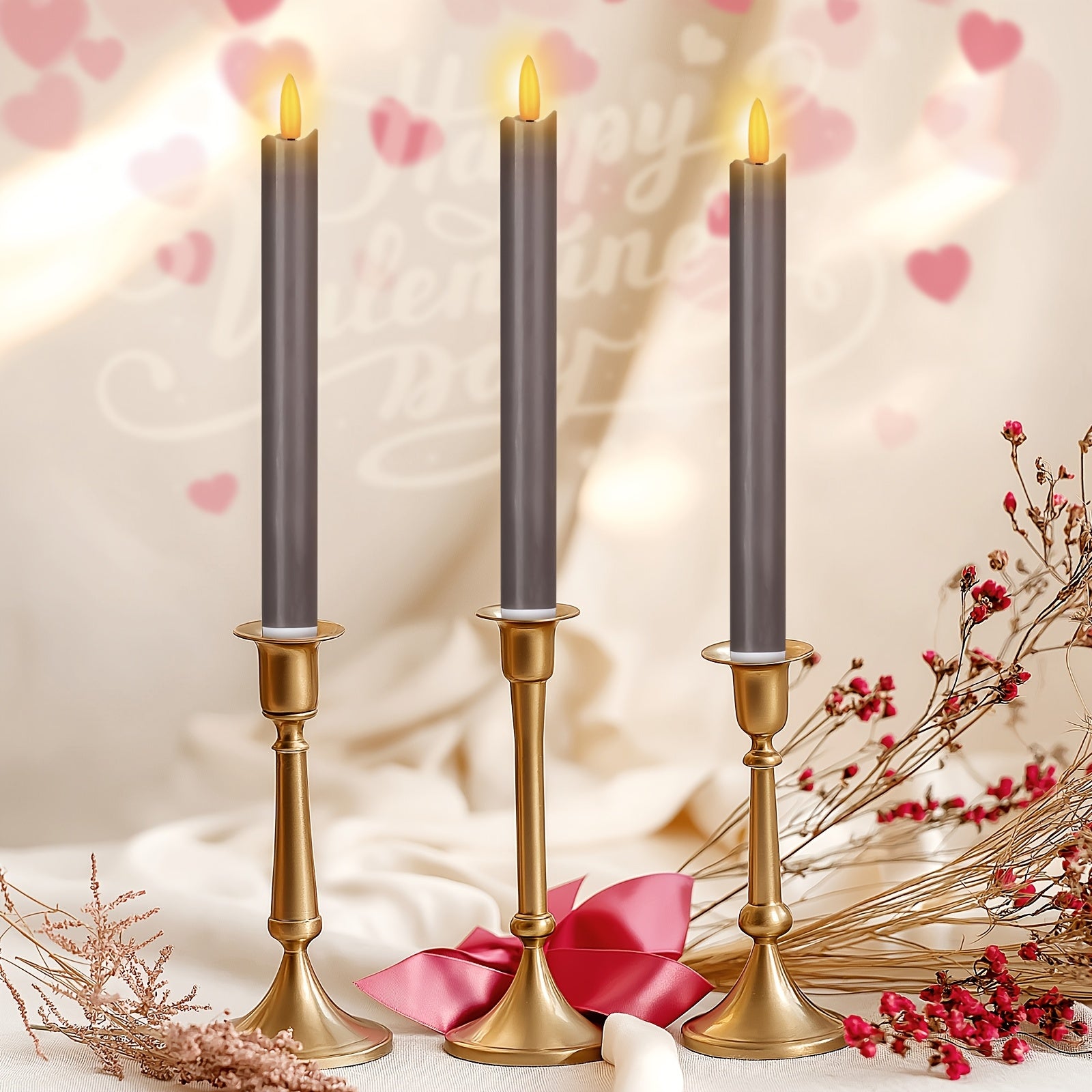 Flameless Gray Taper Candles Flickering with 10-Key Remote, LED Warm 3D Wick Light Window Candles Real Wax Pack of 6, Christmas Home Wedding Decor