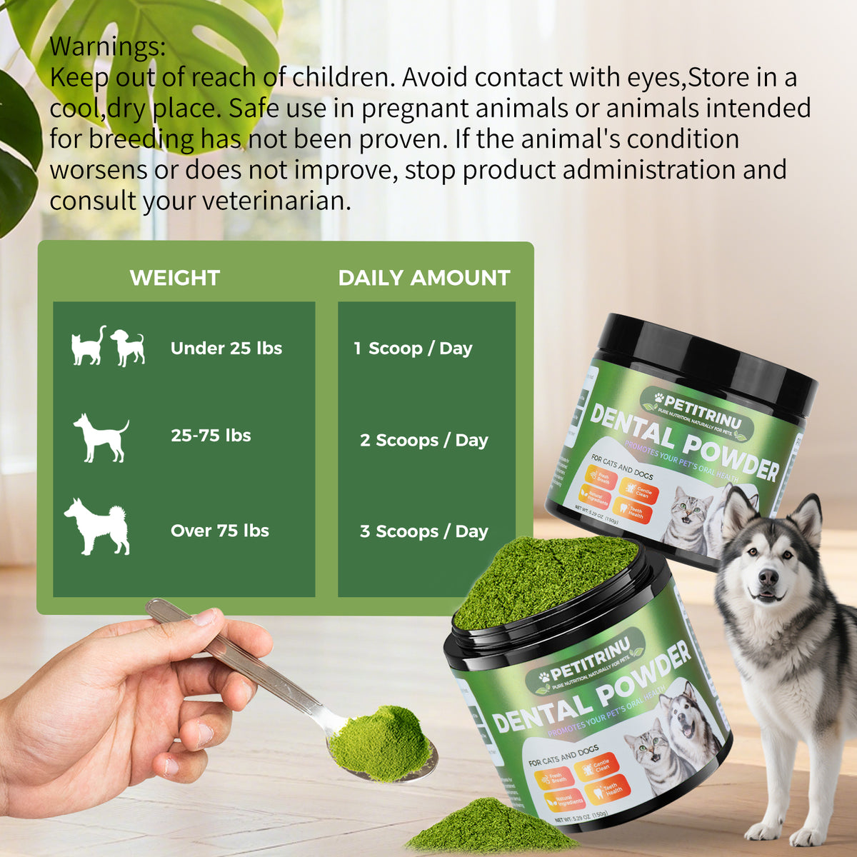 PETITRINU Dental Powder for Cats & Dogs, 5.29 oz - Natural Plaque & Tartar Control, Fresh Breath Freshener, Just Mix into Food