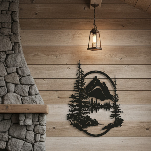 Black Metal Mountain Wall Art, 15.35" Forest Lake Tree Silhouette Wall Decor, Nature Landscape Wall Hanging for Living Room Bedroom Cabin Porch