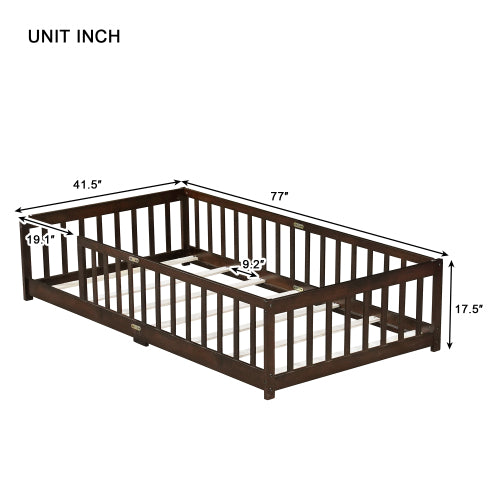 AEELLEEA Twin Size Montessori Floor Bed with Guardrails, Wooden Kids Bed Frame with Slats and Low Entry, Dark Brown