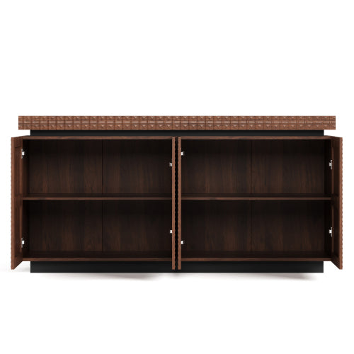 AEELLEEA Modern Walnut Brown Sideboard Buffet Cabinet with 4 Doors, 3D Geometric Textured Storage Cabinet for Dining Room