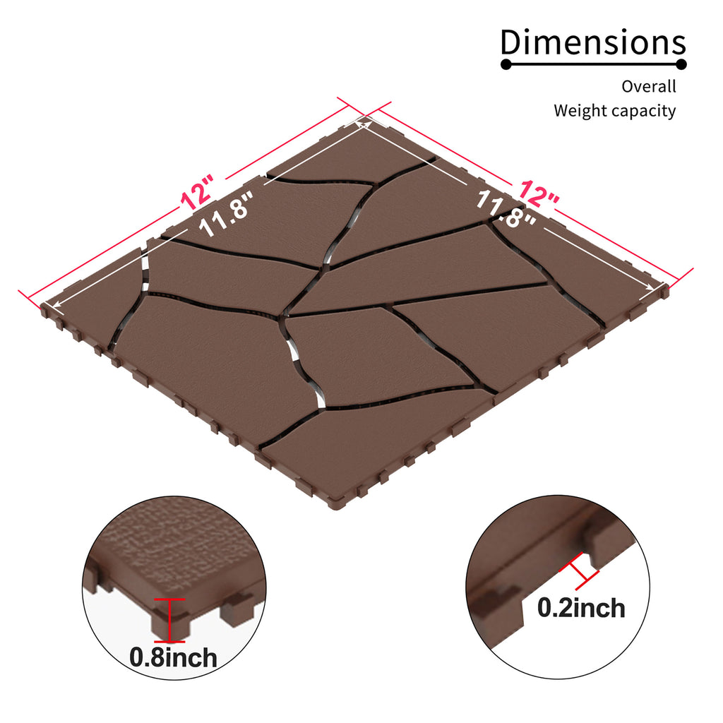 AEELLEEA Stone Look 12 Inch Interlocking Patio Deck Tiles, 44 Pcs Brown PP Outdoor Floor Tiles for Poolside Balcony Backyard