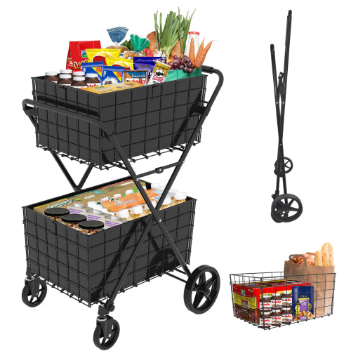 AEELLEEA 2-Tier Folding Utility Cart with Dual Baskets, 120L Capacity, 220 lb Load Capacity, Black