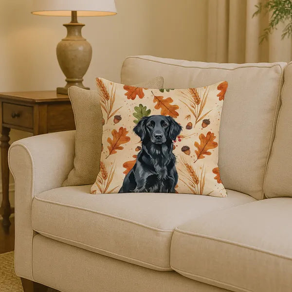 Aeelleea Black Flat-Coated Retriever Heirloom Fall Pillow 14x14 in, Autumn Dog Cushion