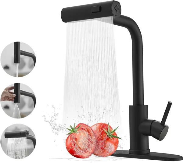 Aeelleea Black Pull Down Kitchen Faucet, 14in Stainless Steel Waterfall Sink Faucet, Single Handle 3 Function Sprayer for Kitchen Sink