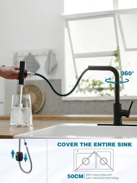 Aeelleea Black Pull Down Kitchen Faucet, 14in Stainless Steel Waterfall Sink Faucet, Single Handle 3 Function Sprayer for Kitchen Sink