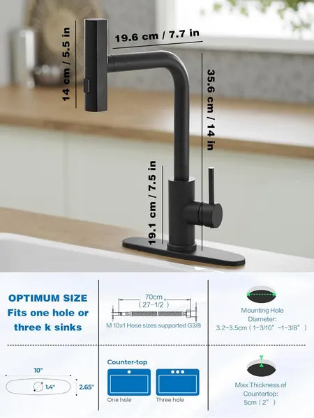 Aeelleea Black Pull Down Kitchen Faucet, 14in Stainless Steel Waterfall Sink Faucet, Single Handle 3 Function Sprayer for Kitchen Sink