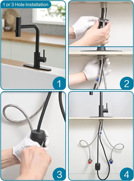 Aeelleea Black Pull Down Kitchen Faucet, 14in Stainless Steel Waterfall Sink Faucet, Single Handle 3 Function Sprayer for Kitchen Sink