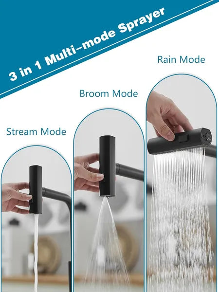 Aeelleea Black Pull Down Kitchen Faucet, 14in Stainless Steel Waterfall Sink Faucet, Single Handle 3 Function Sprayer for Kitchen Sink