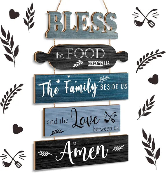Aeelleea Bless The Food Before Us Wooden Wall Sign, Farmhouse Blue Rustic Hanging Wood Plaque for Kitchen Dining Room Wall Decor