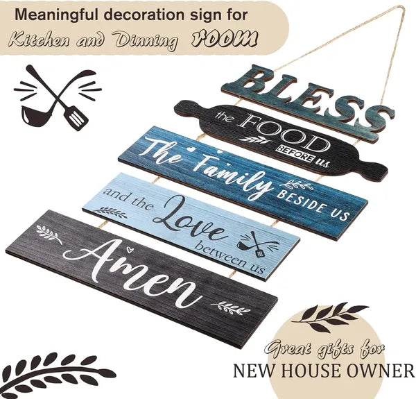 Aeelleea Bless The Food Before Us Wooden Wall Sign, Farmhouse Blue Rustic Hanging Wood Plaque for Kitchen Dining Room Wall Decor