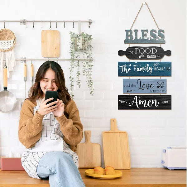 Aeelleea Bless The Food Before Us Wooden Wall Sign, Farmhouse Blue Rustic Hanging Wood Plaque for Kitchen Dining Room Wall Decor