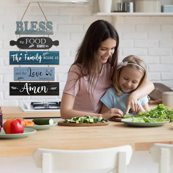 Aeelleea Bless The Food Before Us Wooden Wall Sign, Farmhouse Blue Rustic Hanging Wood Plaque for Kitchen Dining Room Wall Decor