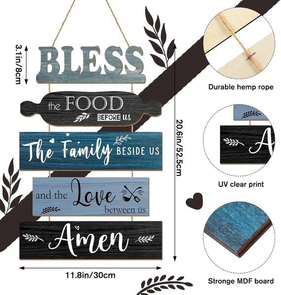 Aeelleea Bless The Food Before Us Wooden Wall Sign, Farmhouse Blue Rustic Hanging Wood Plaque for Kitchen Dining Room Wall Decor