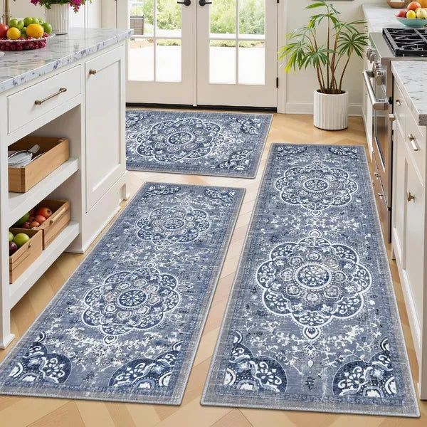 Boho Floral Kitchen Rugs Set 3 Piece, Blue Farmhouse Non Slip Washable Runner Mats for Kitchen Sink, Laundry & Office