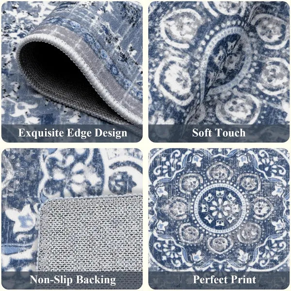 Boho Floral Kitchen Rugs Set 3 Piece, Blue Farmhouse Non Slip Washable Runner Mats for Kitchen Sink, Laundry & Office