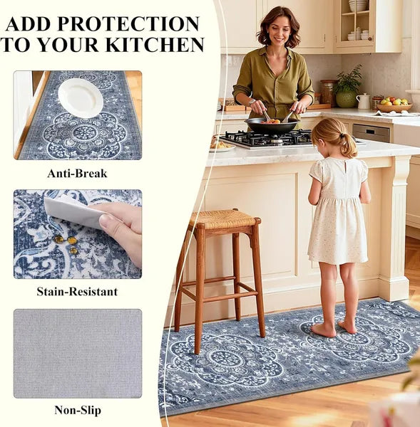 Boho Floral Kitchen Rugs Set 3 Piece, Blue Farmhouse Non Slip Washable Runner Mats for Kitchen Sink, Laundry & Office