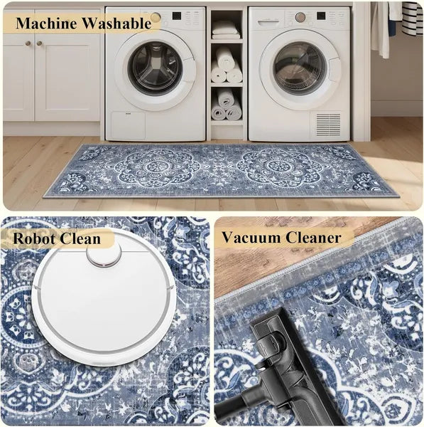 Boho Floral Kitchen Rugs Set 3 Piece, Blue Farmhouse Non Slip Washable Runner Mats for Kitchen Sink, Laundry & Office