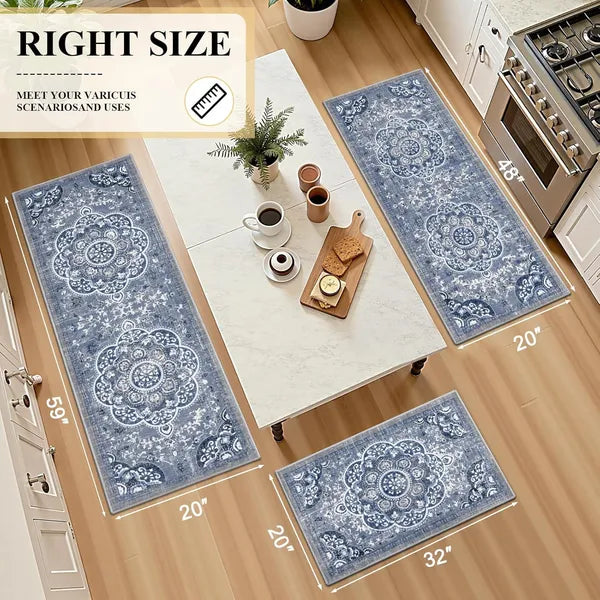 Boho Floral Kitchen Rugs Set 3 Piece, Blue Farmhouse Non Slip Washable Runner Mats for Kitchen Sink, Laundry & Office