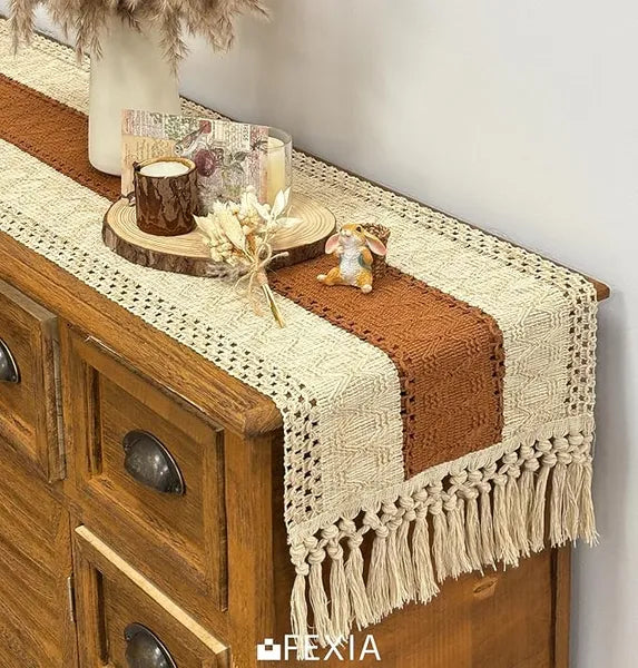 Aeelleea Boho Table Runner 12×72 Inch, Farmhouse Macrame Table Runner with Tassels, Brown Decor for Thanksgiving Wedding Dining Room