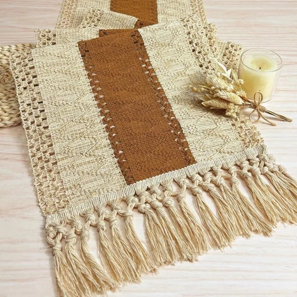 Aeelleea Boho Table Runner 12×72 Inch, Farmhouse Macrame Table Runner with Tassels, Brown Decor for Thanksgiving Wedding Dining Room