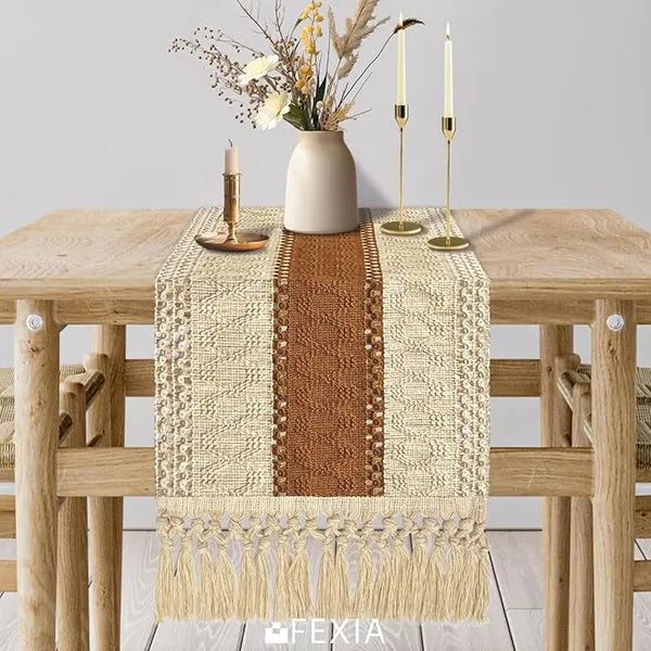 Aeelleea Boho Table Runner 12×72 Inch, Farmhouse Macrame Table Runner with Tassels, Brown Decor for Thanksgiving Wedding Dining Room