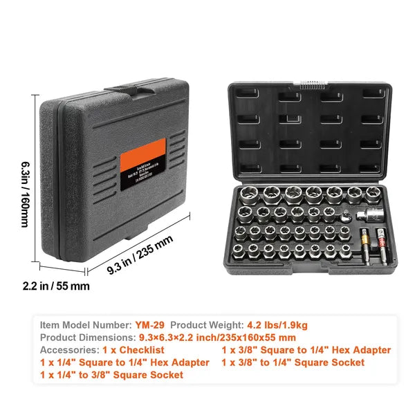 29-Piece Bolt Extractor Set, Cr-Mo Steel Damaged Nut & Bolt Remover Sockets with 4 Adapters and Storage Case