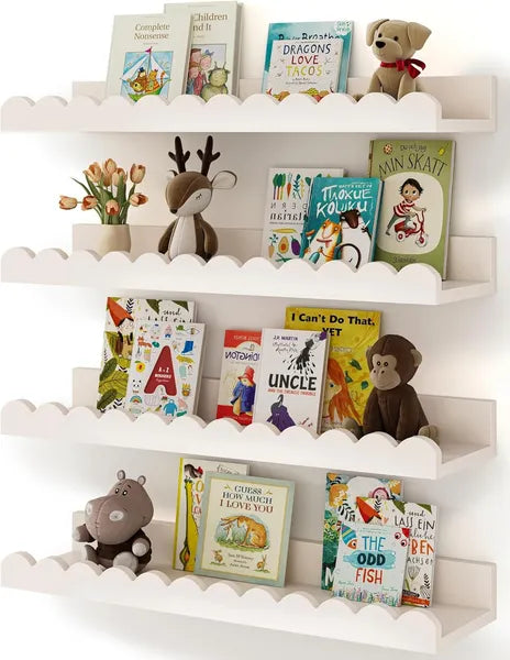Aeelleea 4 Pack Scalloped Floating Wall Shelves, White Kids Book Shelves, Wooden Display Storage Shelf for Nursery Bedroom Decor